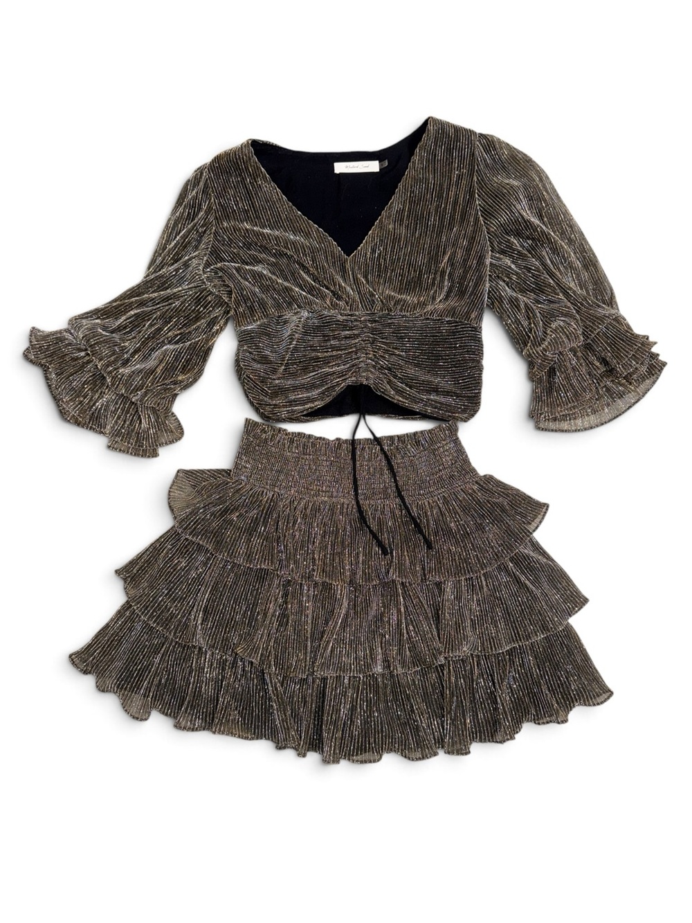 Mustard Seed Black Gold Metallic Crop Top & Ruffle Skirt Set Small